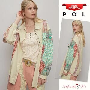 POL Bohemian Geometric Pattern Button Up Long Sleeves Oversized Shirt | Beige